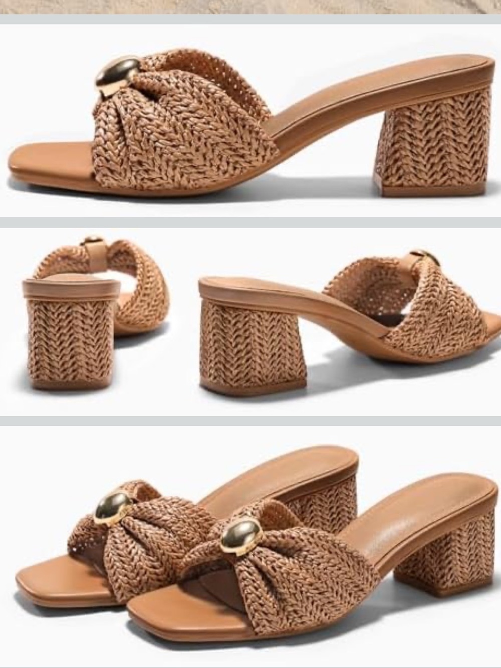 Womens Low Chunky Block Heels Raffia Sandals Square Open Toe Slip On Slide